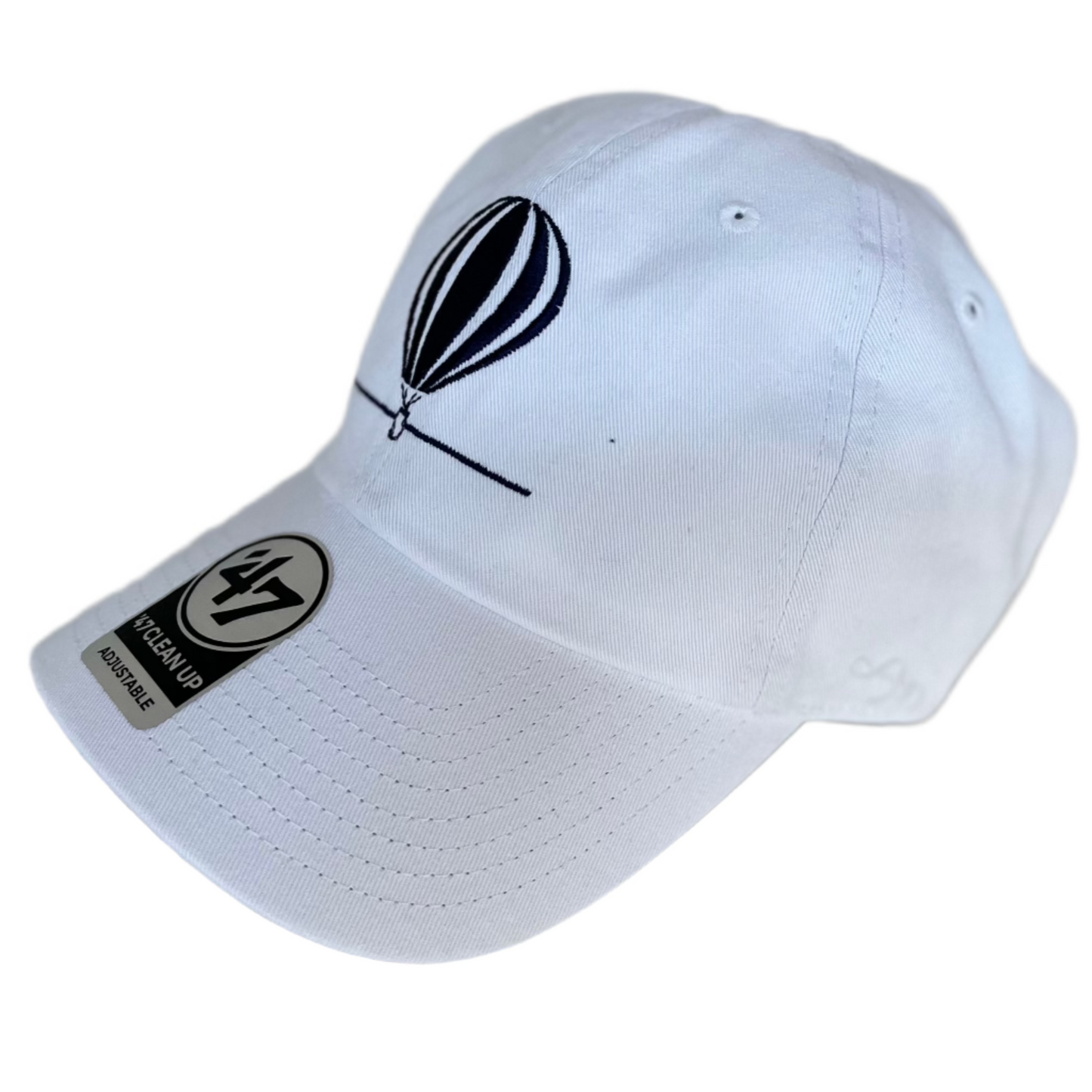 Side view of the White Seymour Wine Co. 47 Brand Clean Up hat featuring a classic design with an adjustable strap, embroidered logo, and a relaxed fit, perfect for day drinking wine enthusiasts.